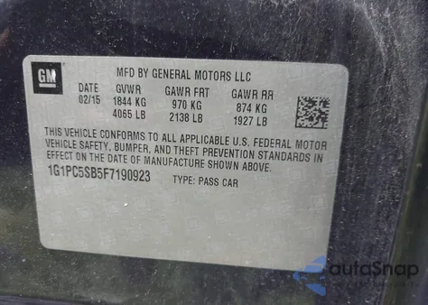 2015 Chevrolet Cruze 1Lt Auto z USA, uszkodzony, nr VIN 1G1PC5SB5F7190923